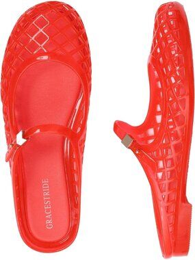 Women's Red Mesh Mary Jane Breathable Slides Comfortable Slip On Flat Sandals